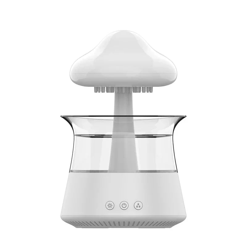 Cloud-shaped humidifier with transparent reservoir and decorative mist effect