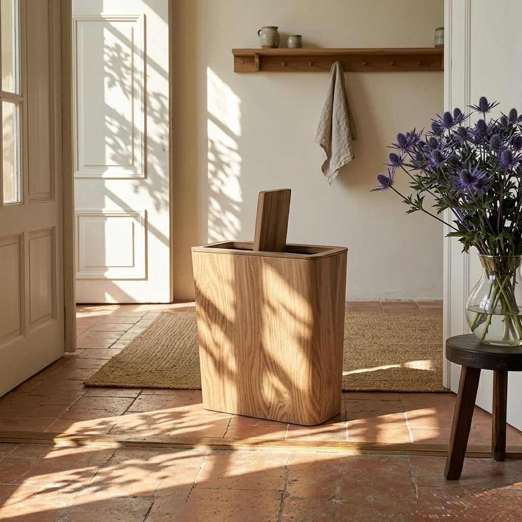Brown cylindrical kitchen bin with wood-effect finish and rotating lid