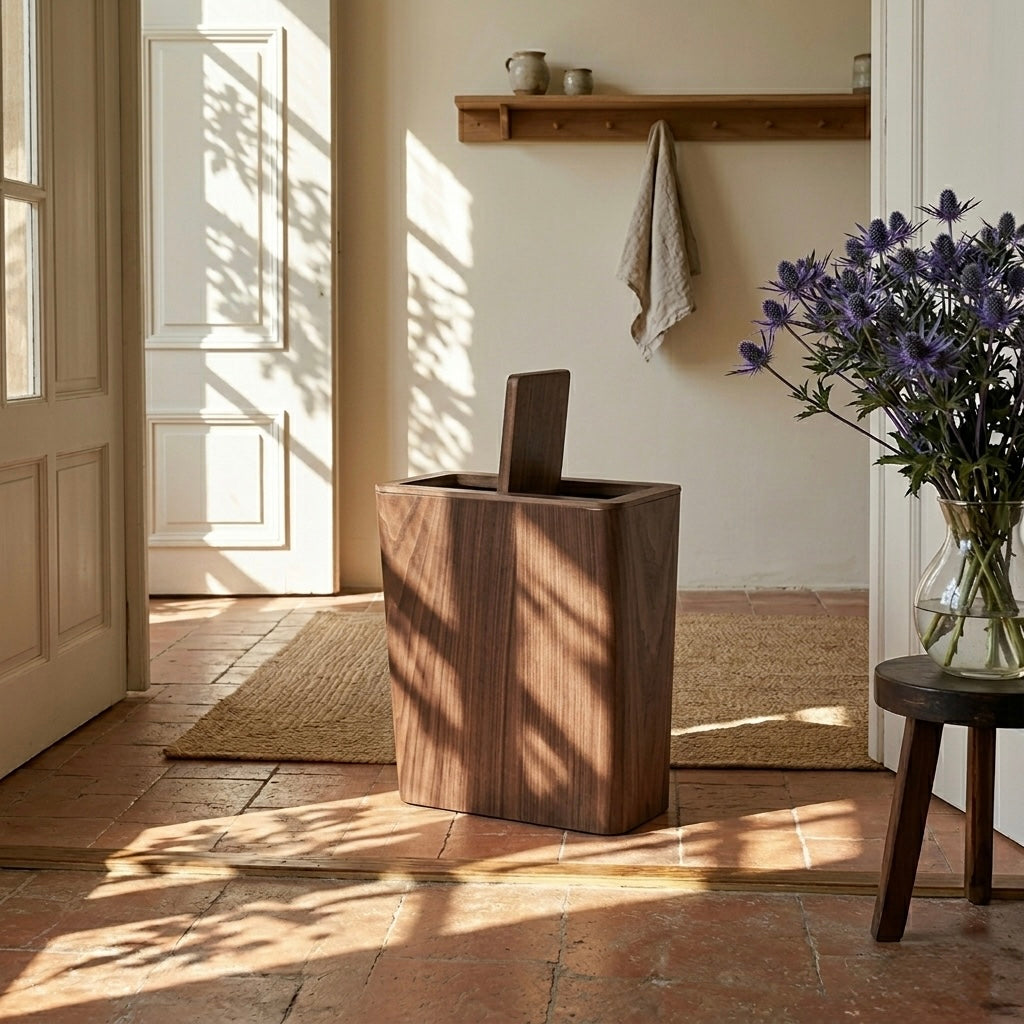 Brown cylindrical kitchen bin with wood-effect finish and rotating lid