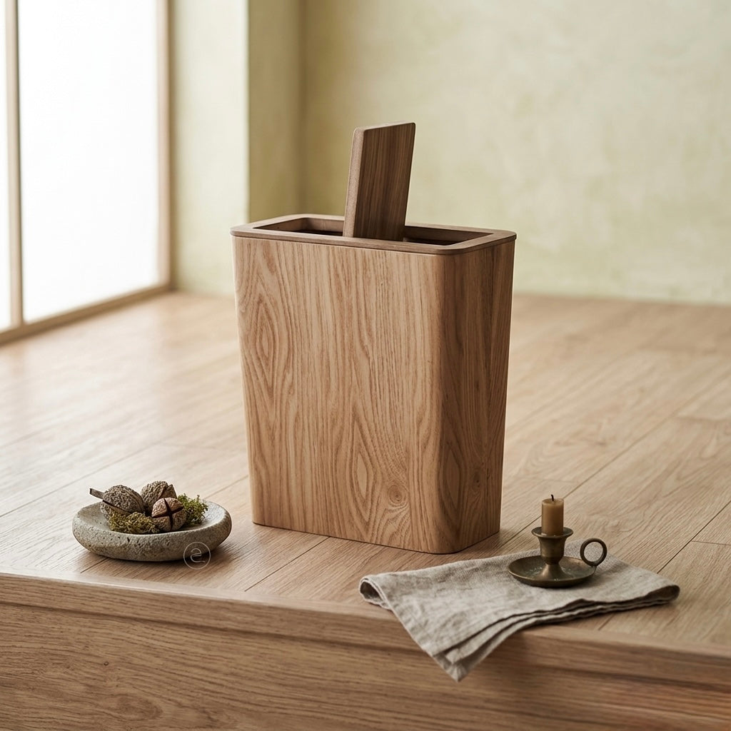 Brown cylindrical kitchen bin with wood-effect finish and rotating lid