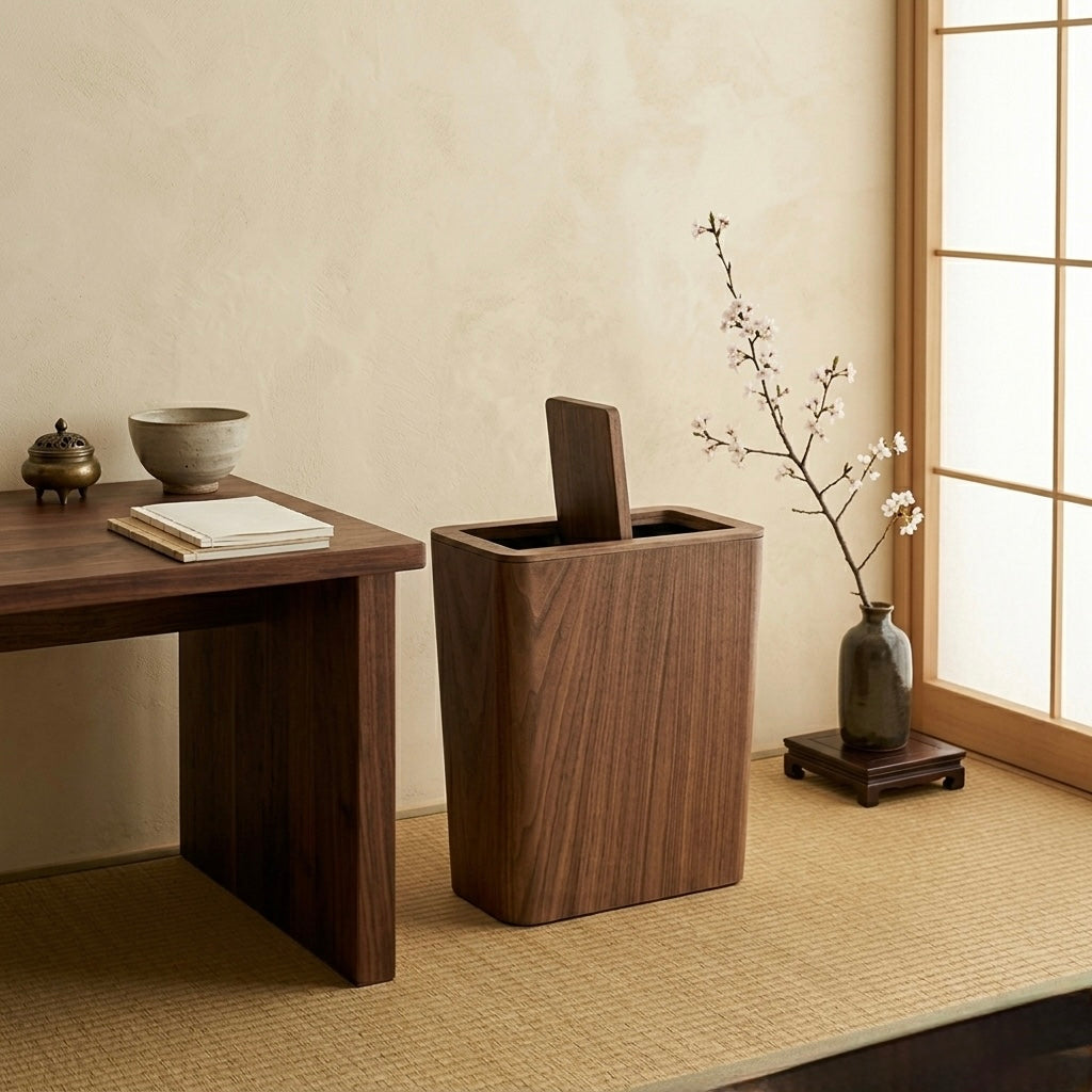 Brown cylindrical kitchen bin with wood-effect finish and rotating lid