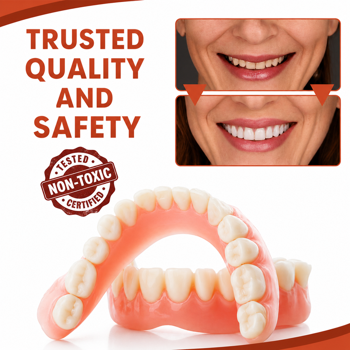 Upper and lower pink gum-effect cosmetic teeth covers with white teeth