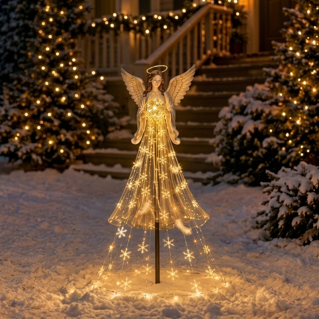 Illuminated solar garden angel with wings, halo and snowflake light details