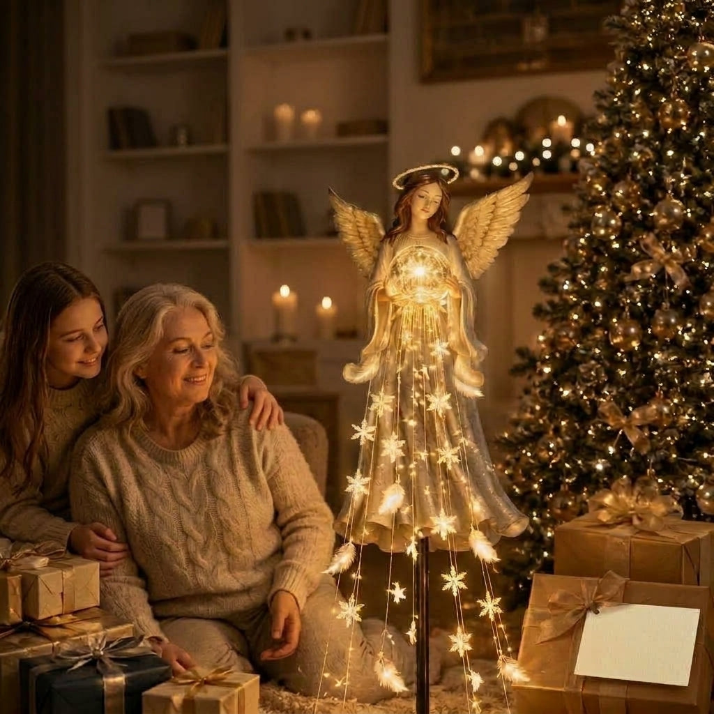 Illuminated solar garden angel with wings, halo and snowflake light details