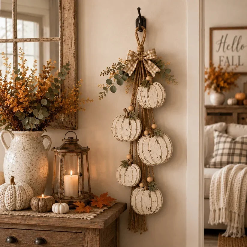 Hanging autumn garland with distressed white pumpkins, foliage and a checked bow