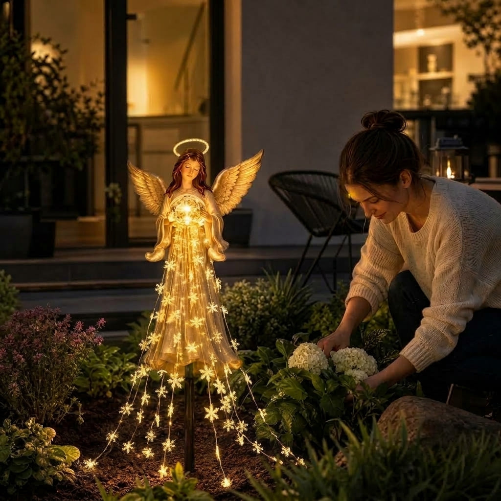 Illuminated solar garden angel with wings, halo and snowflake light details