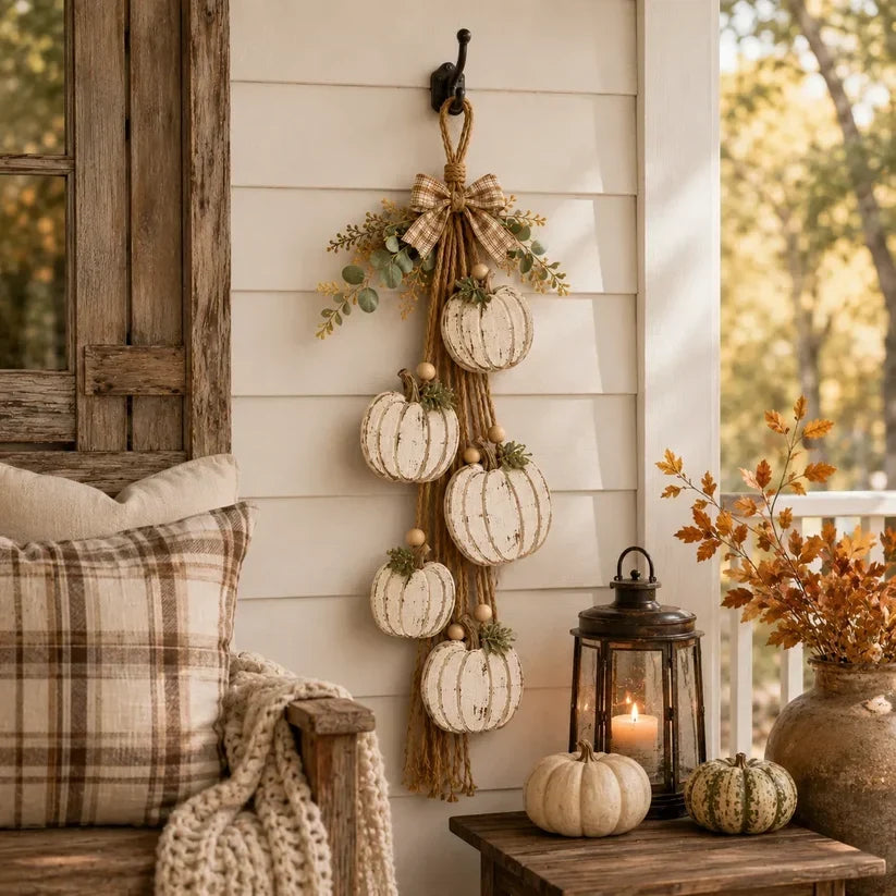 Hanging autumn garland with distressed white pumpkins, foliage and a checked bow