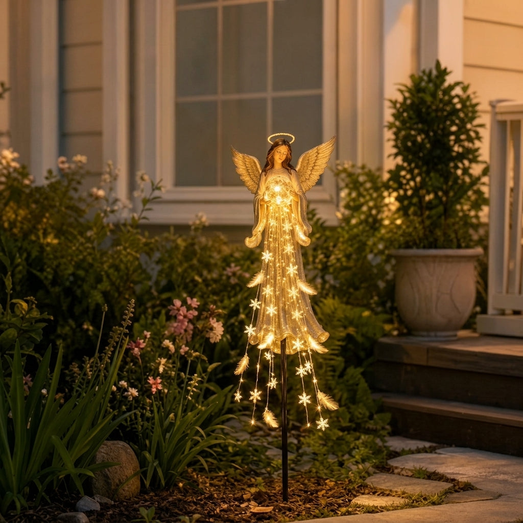 Illuminated solar garden angel with wings, halo and snowflake light details
