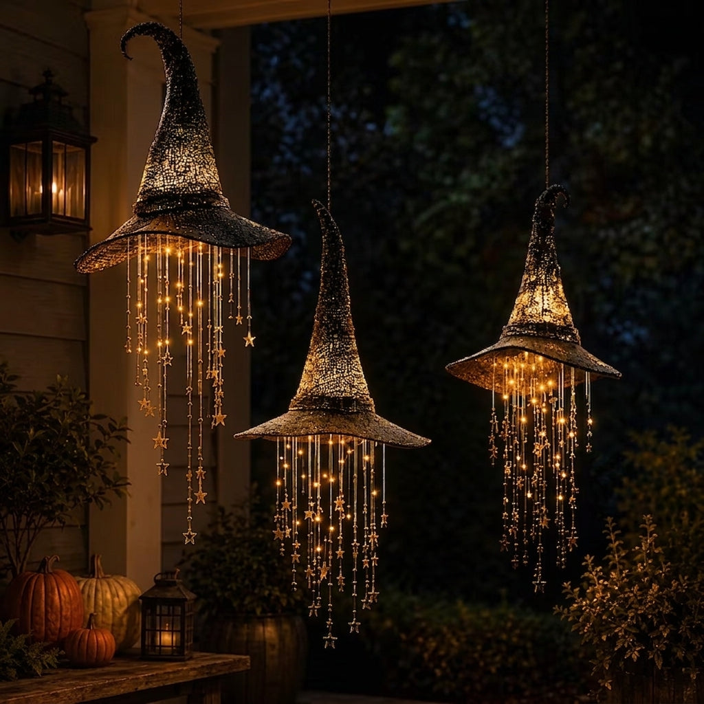 Black illuminated hanging witch hat with warm lights and star strands