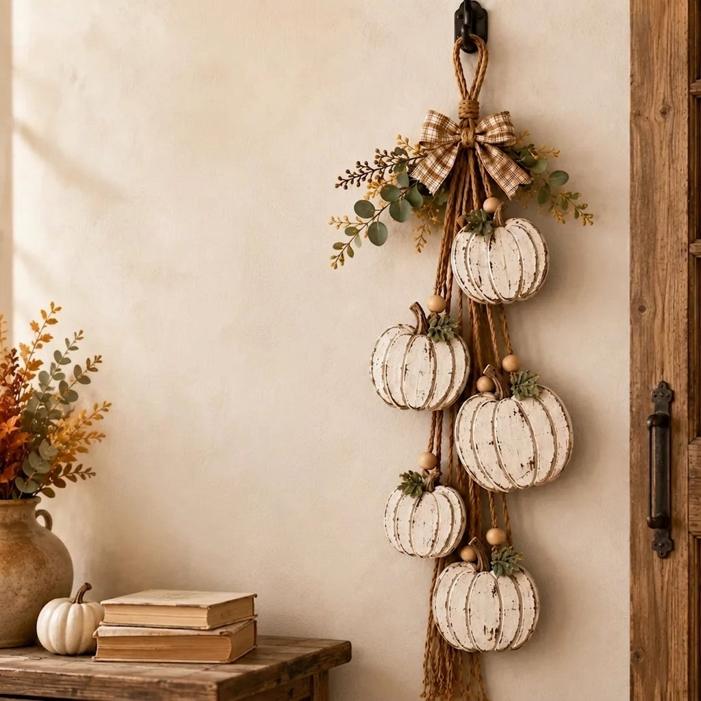 Hanging autumn garland with distressed white pumpkins, foliage and a checked bow