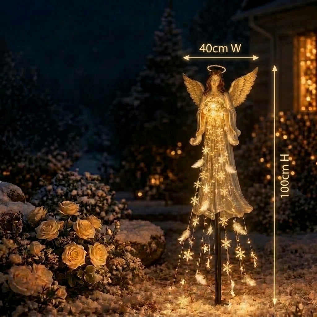 Illuminated solar garden angel with wings, halo and snowflake light details