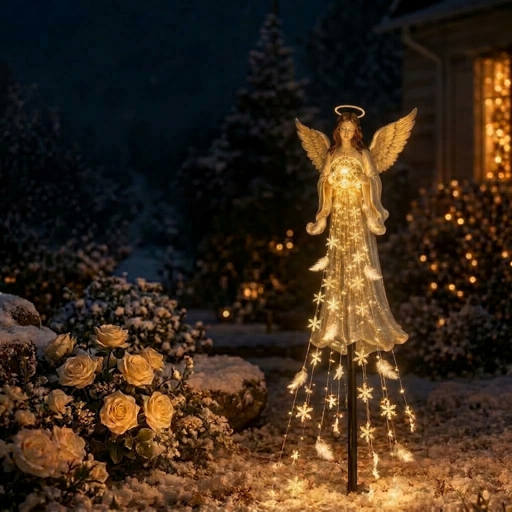 Illuminated solar garden angel with wings, halo and snowflake light details