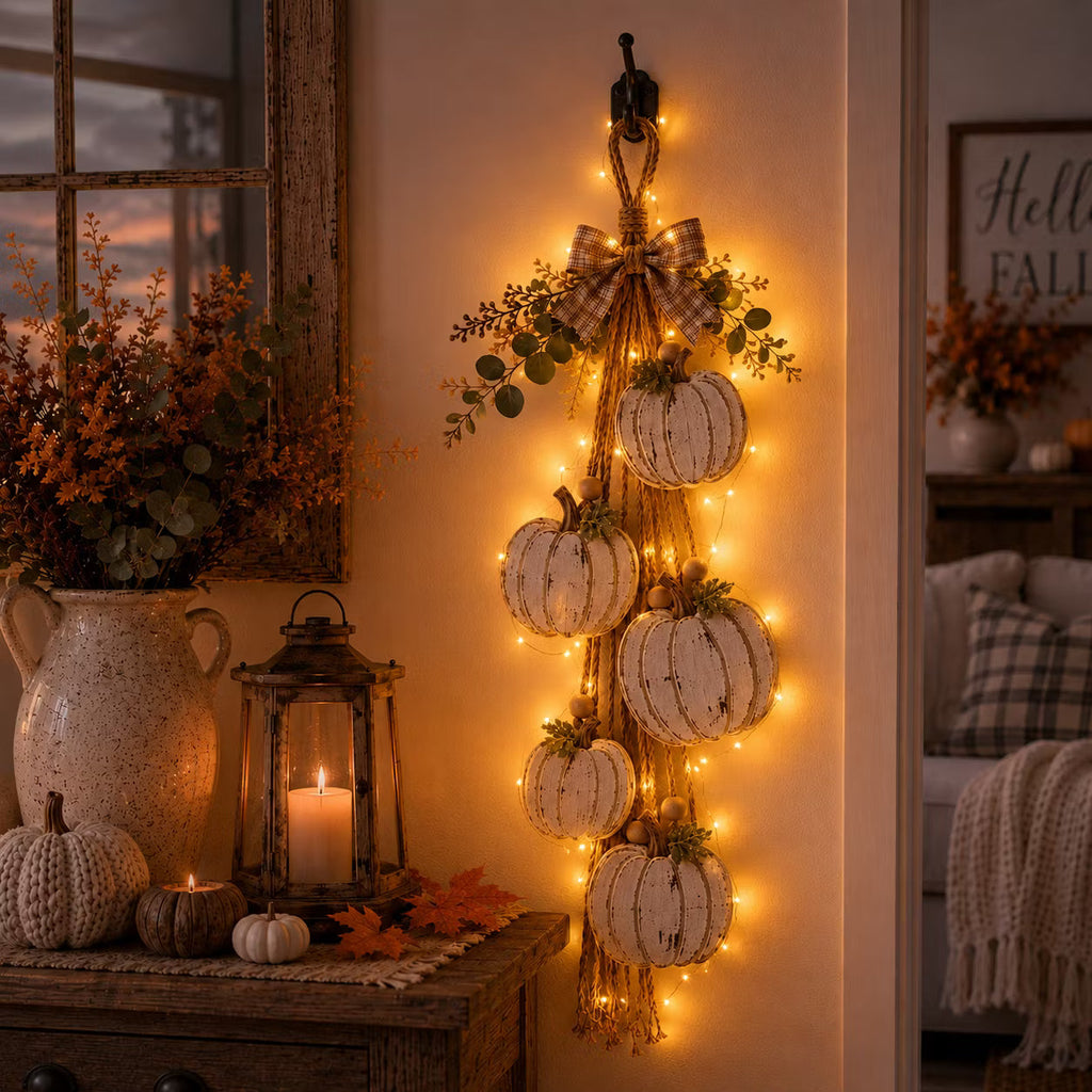 Hanging autumn garland with distressed white pumpkins, foliage and a checked bow
