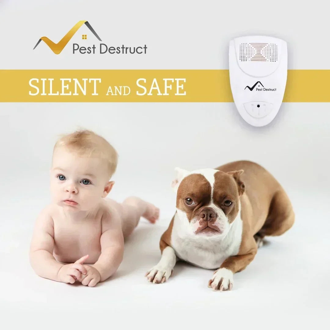 White plug-in ultrasonic bed bug repeller with speaker grille and blue indicator light