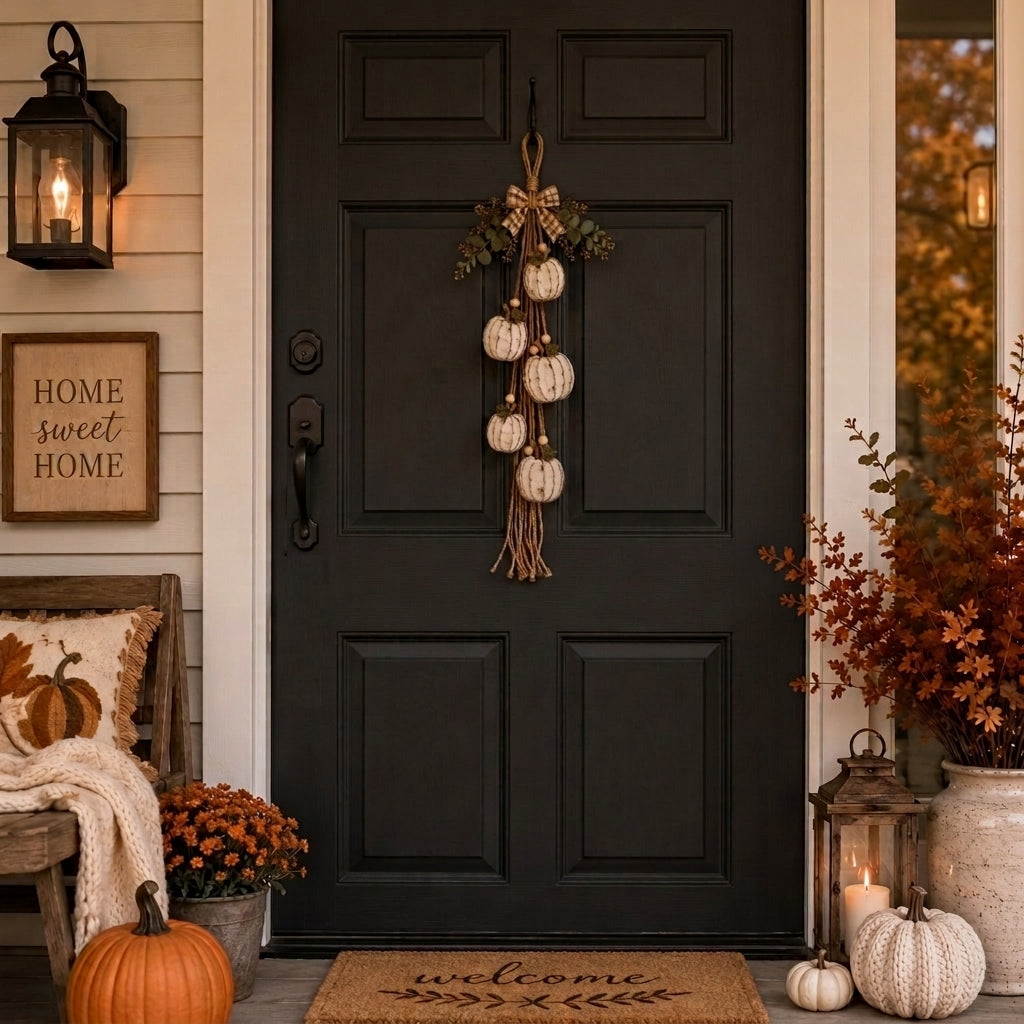 Hanging autumn garland with distressed white pumpkins, foliage and a checked bow