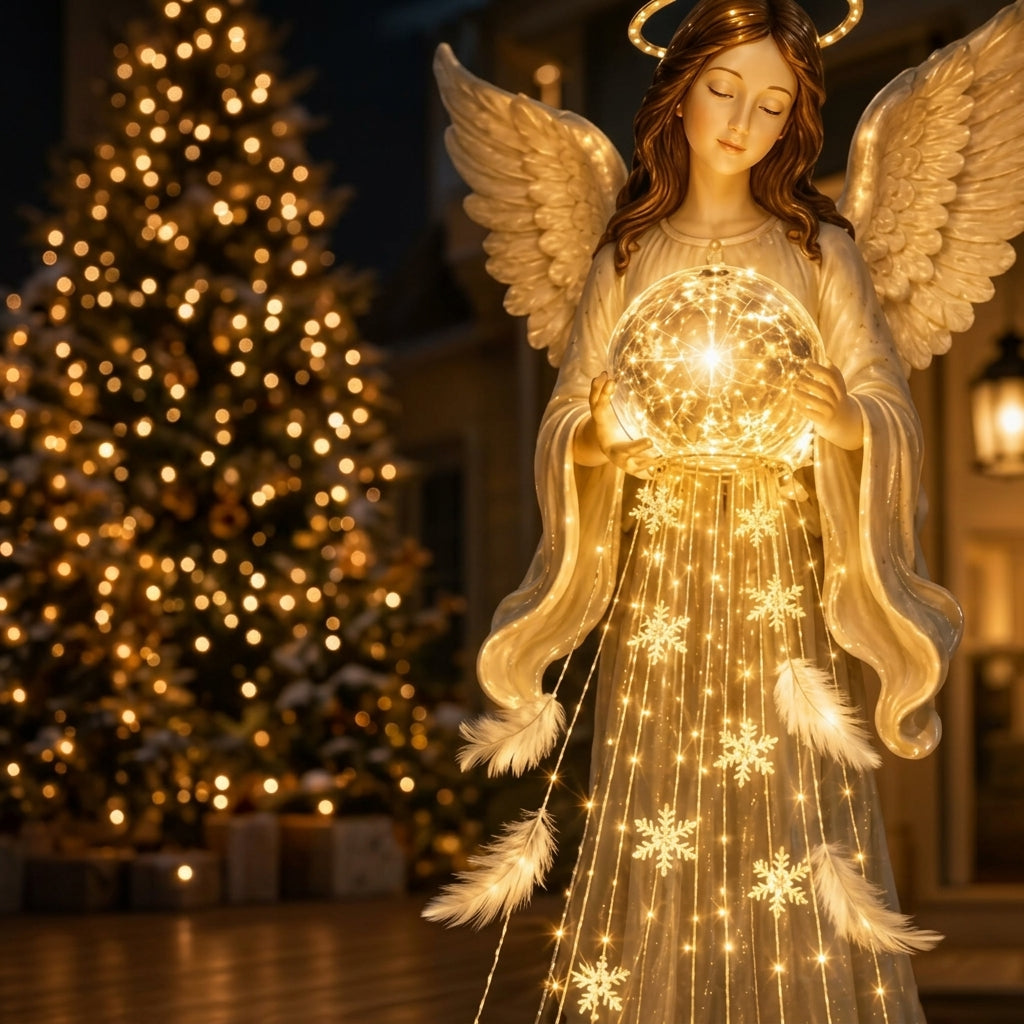 Illuminated solar garden angel with wings, halo and snowflake light details