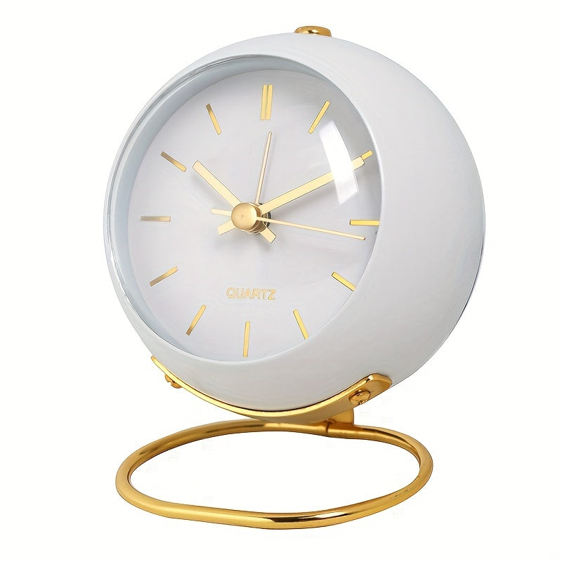 Round Scandinavian table clock with luminous hands and open stand