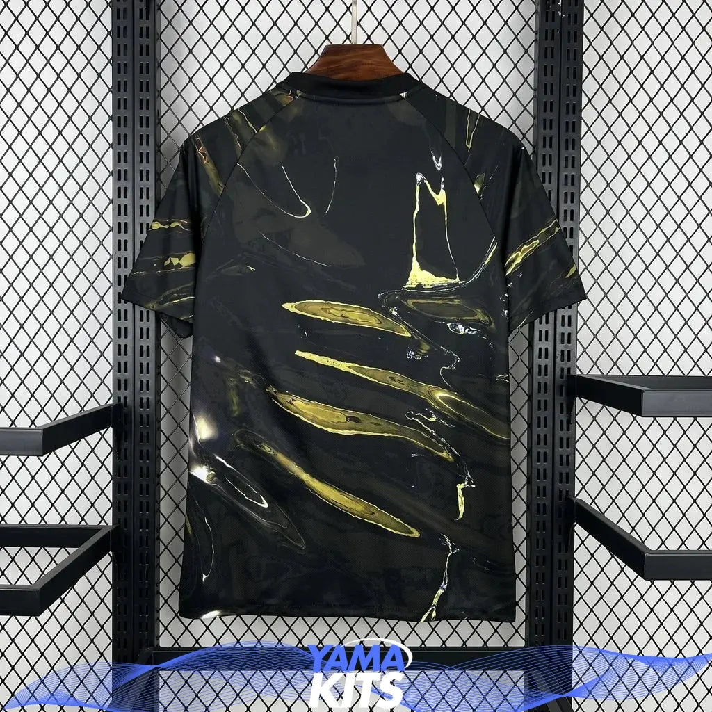 Black Paris football jersey with abstract gold print and short sleeves