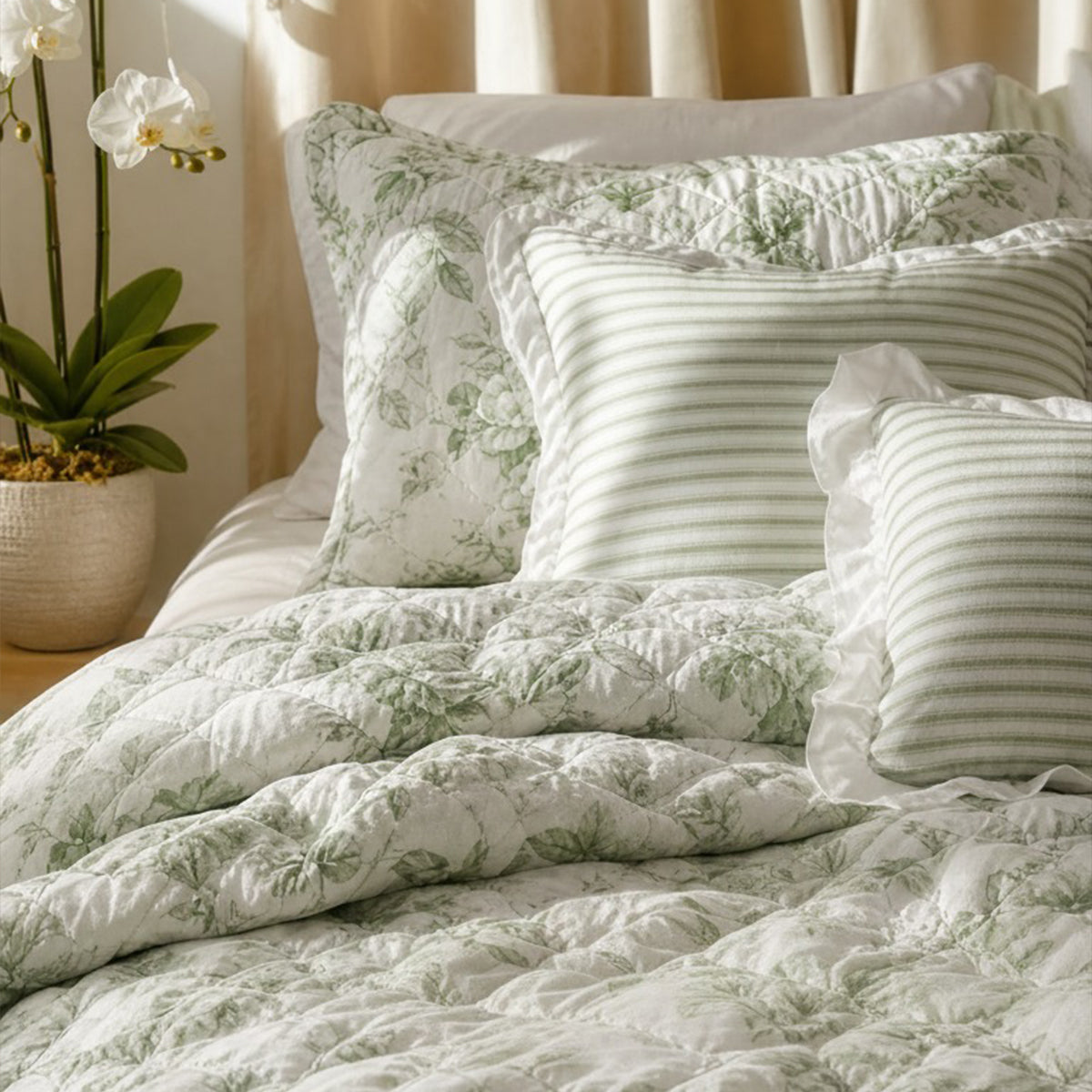 Floral quilt set with ruffle edge and decorative pillow