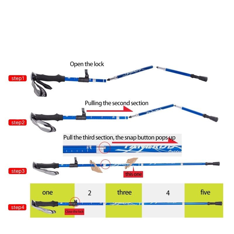 Foldable adjustable trekking poles with handles and wrist straps