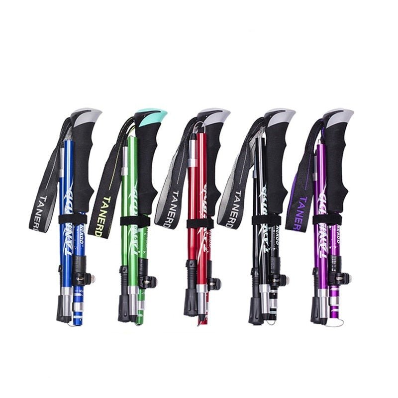 Foldable adjustable trekking poles with handles and wrist straps