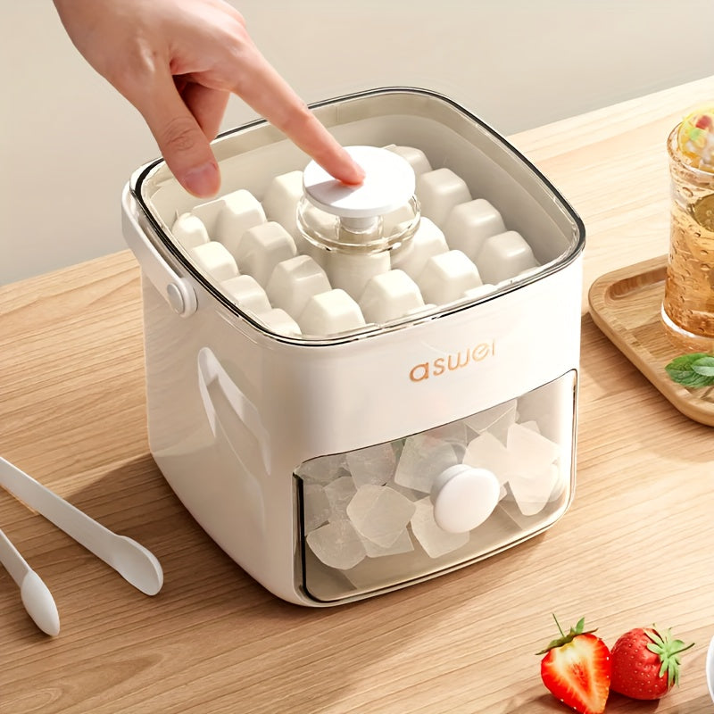 White countertop ice cube maker with clear lid and front drawer