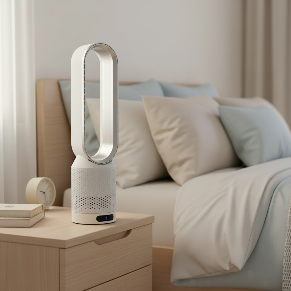 Bladeless air cooler with looped outlet, perforated base and digital display
