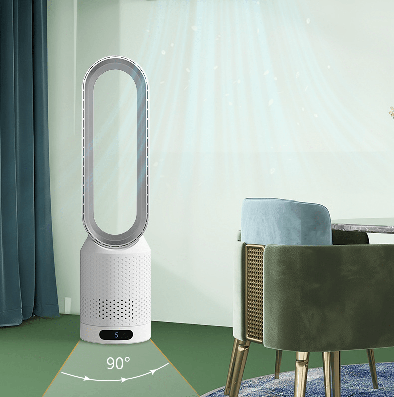 Bladeless air cooler with looped outlet, perforated base and digital display