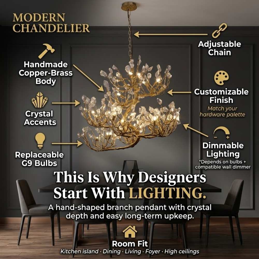 Tree branch pendant light with layered translucent leaf-style details and hanging chain