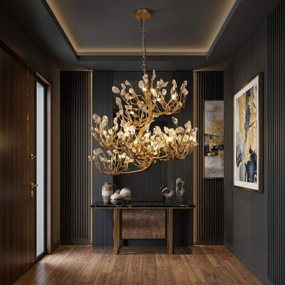 Tree branch pendant light with layered translucent leaf-style details and hanging chain