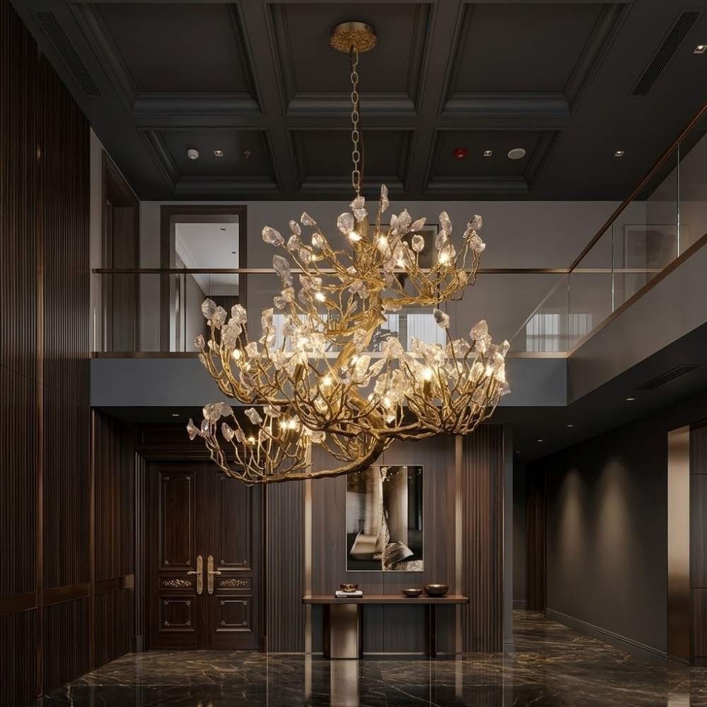 Tree branch pendant light with layered translucent leaf-style details and hanging chain