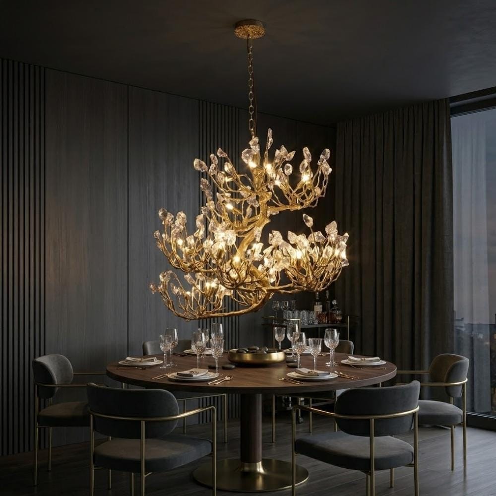 Tree branch pendant light with layered translucent leaf-style details and hanging chain