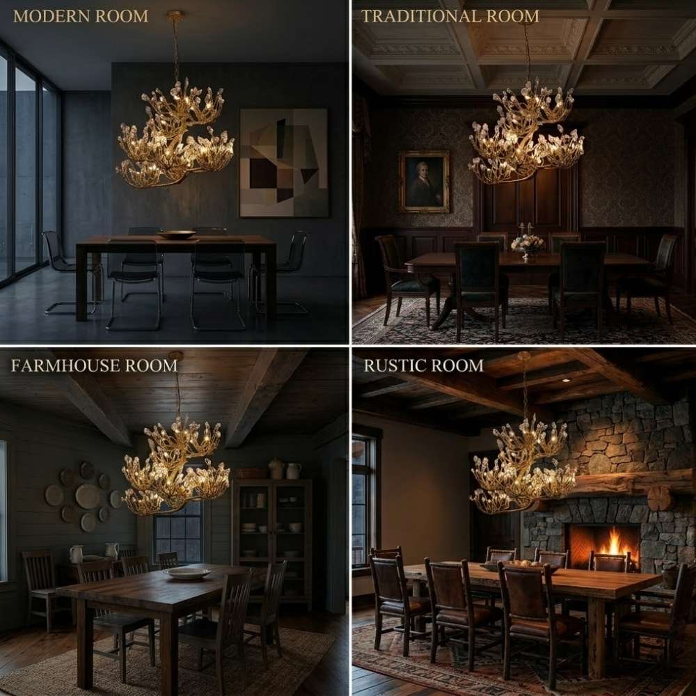 Tree branch pendant light with layered translucent leaf-style details and hanging chain