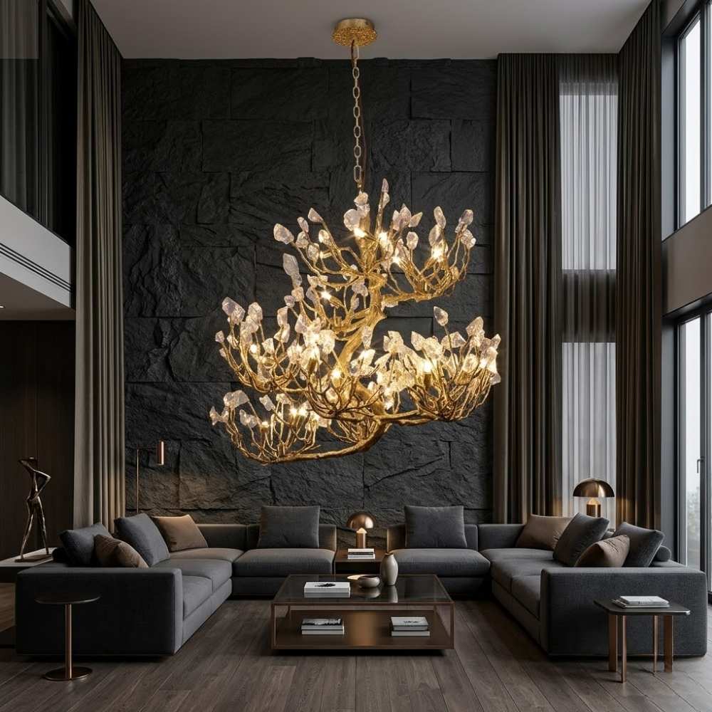 Tree branch pendant light with layered translucent leaf-style details and hanging chain