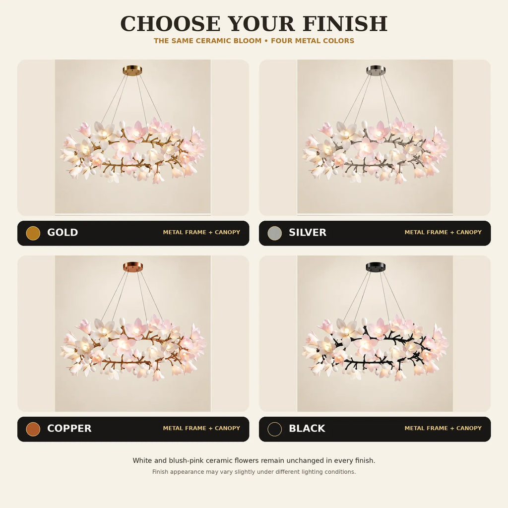 Floral branch ring chandelier with illuminated flower shades