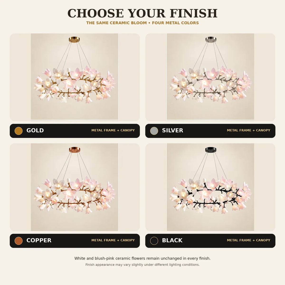 Floral branch ring chandelier with illuminated flower shades