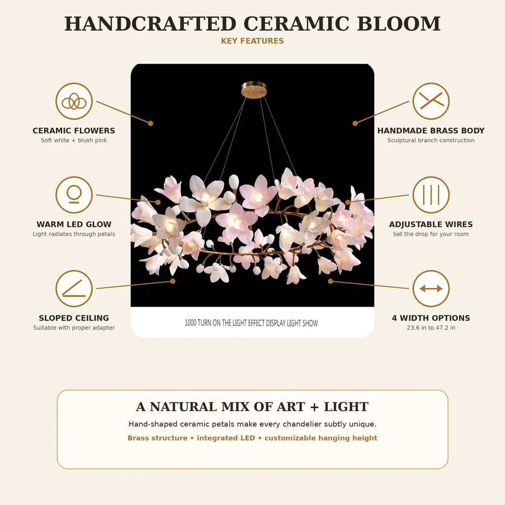 Floral branch ring chandelier with illuminated flower shades