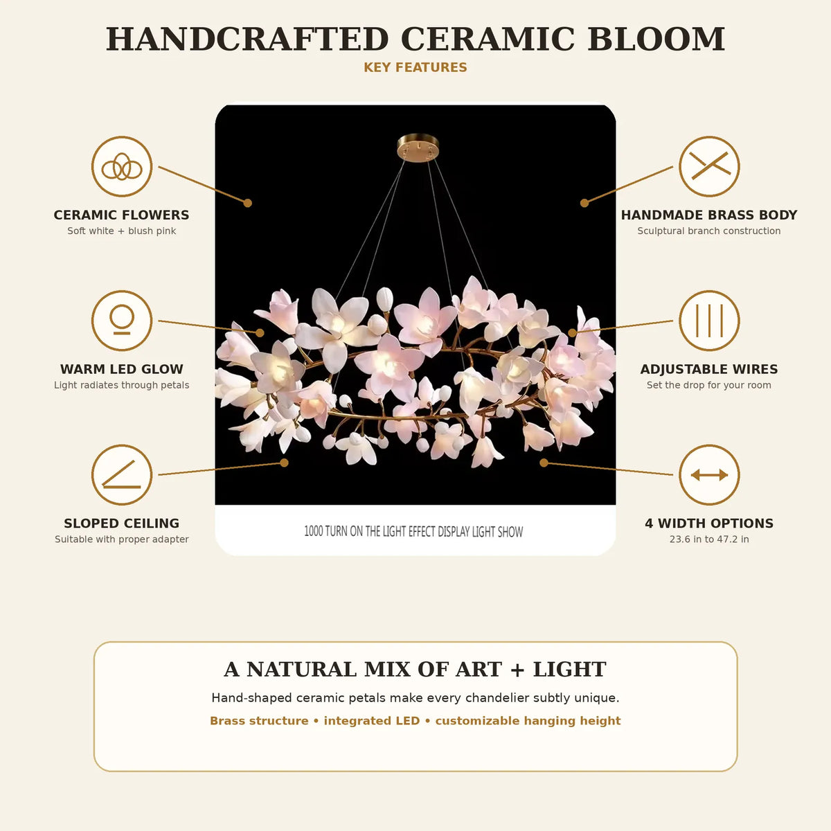 Floral branch ring chandelier with illuminated flower shades