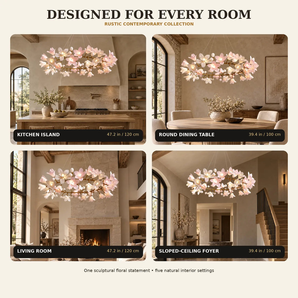Floral branch ring chandelier with illuminated flower shades