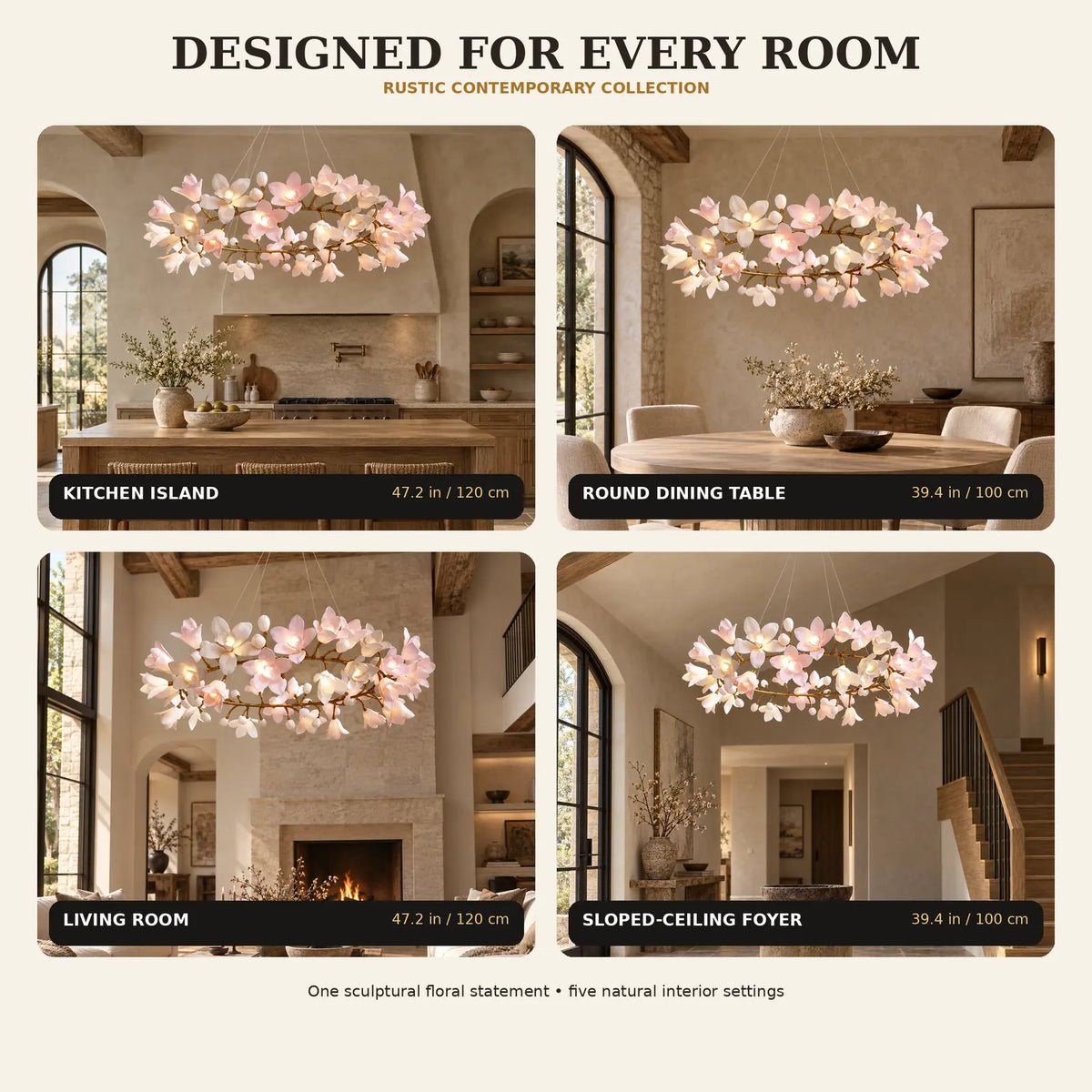 Floral branch ring chandelier with illuminated flower shades