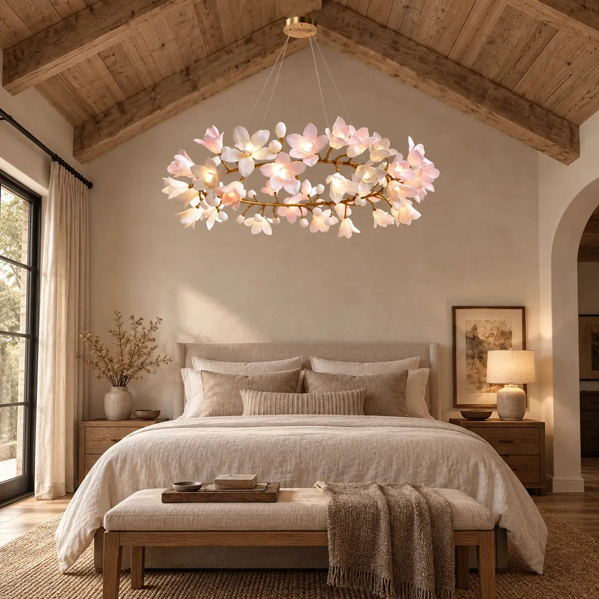Floral branch ring chandelier with illuminated flower shades