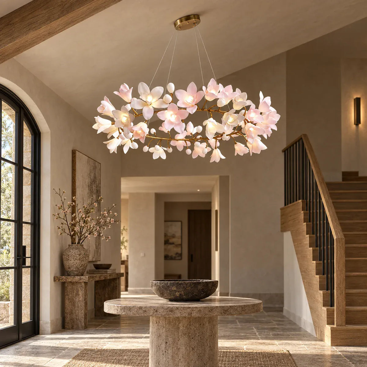 Floral branch ring chandelier with illuminated flower shades