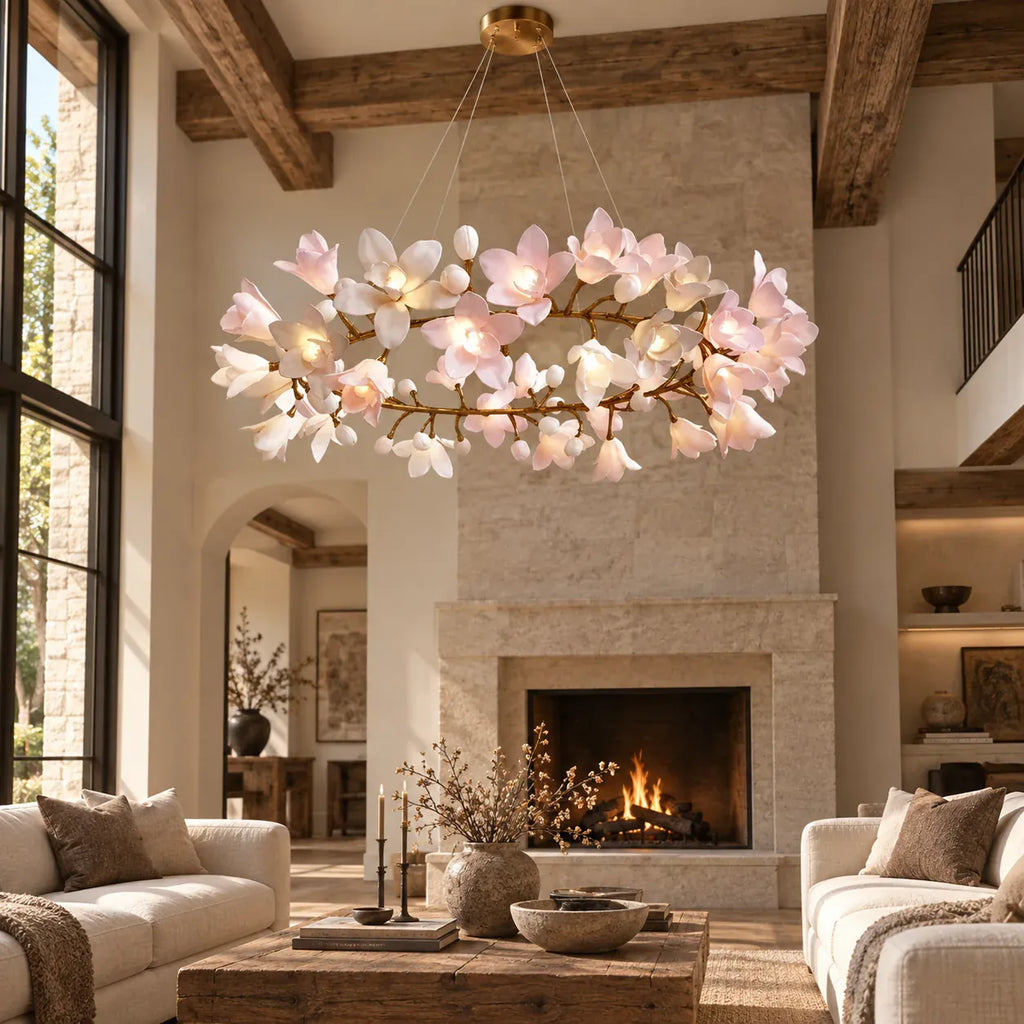 Floral branch ring chandelier with illuminated flower shades