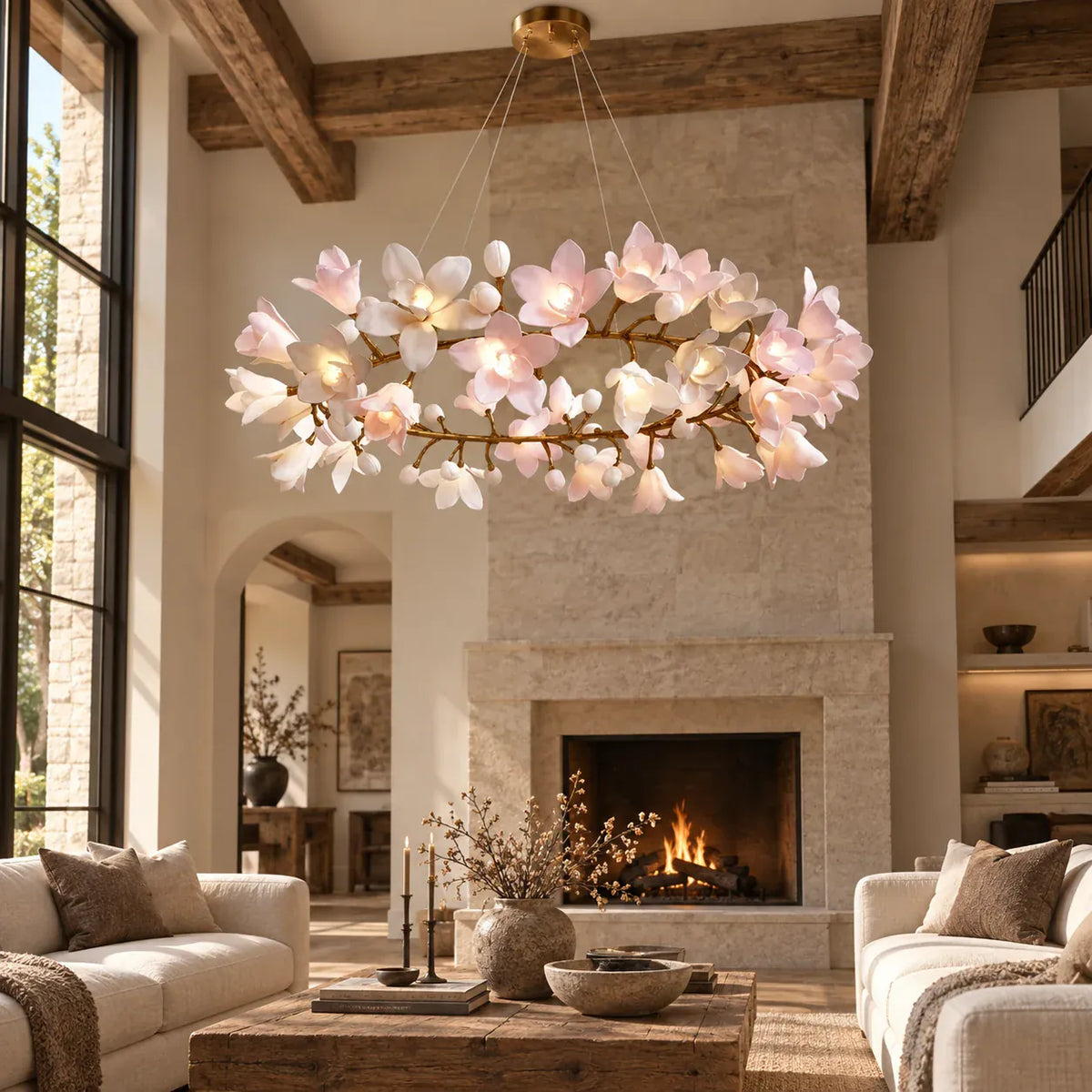 Floral branch ring chandelier with illuminated flower shades
