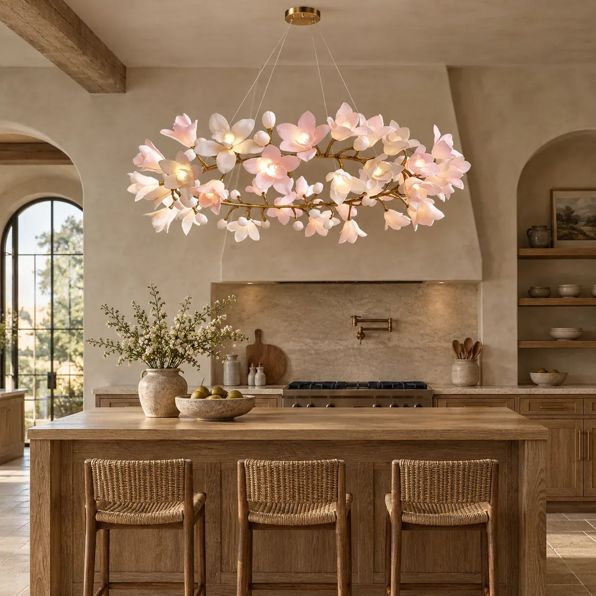 Floral branch ring chandelier with illuminated flower shades