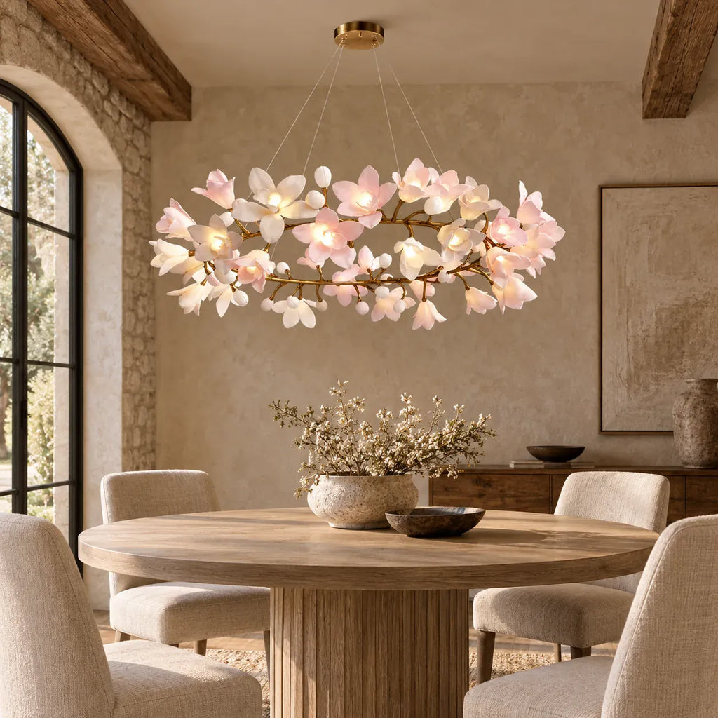 Floral branch ring chandelier with illuminated flower shades