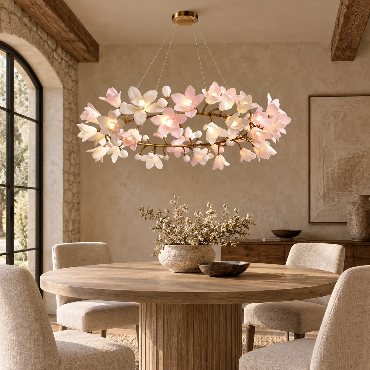Floral branch ring chandelier with illuminated flower shades