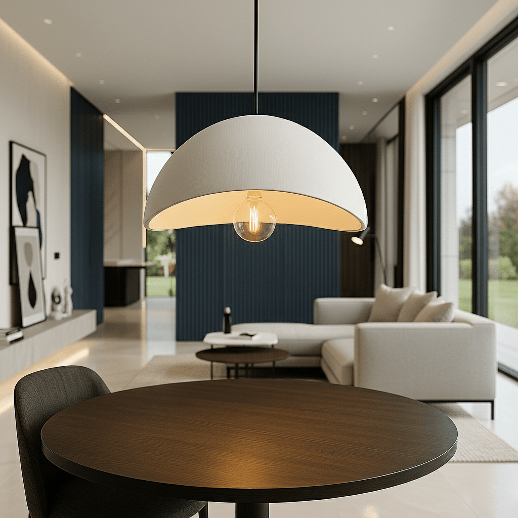 Curved dome pendant light with exposed bulb and warm glow