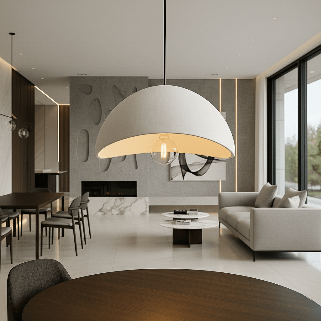 Curved dome pendant light with exposed bulb and warm glow