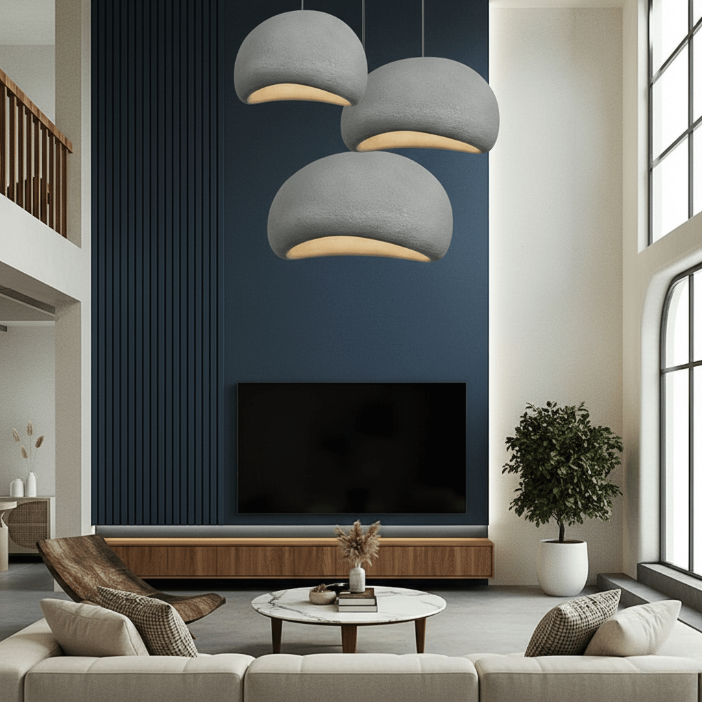Curved dome pendant light with exposed bulb and warm glow